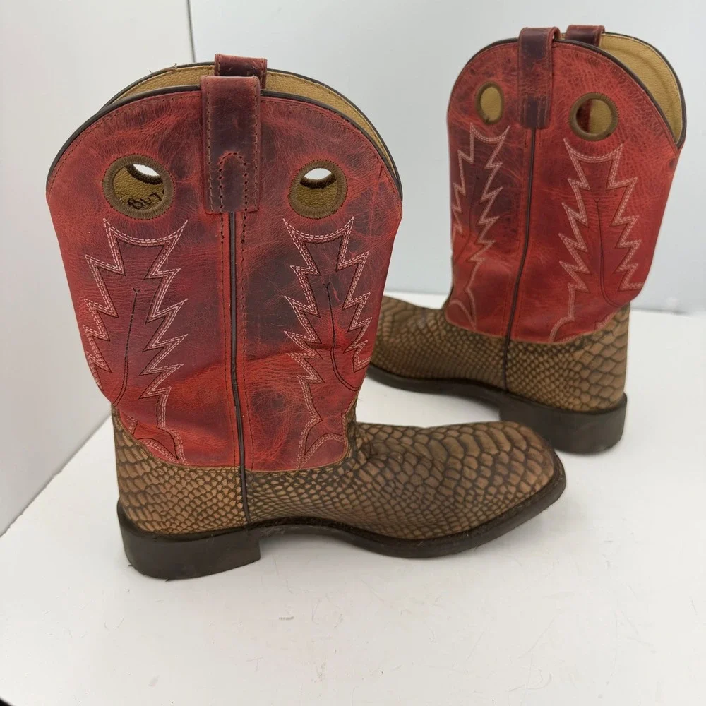 Smoky Mountain Youth Western Cowboy Boots Red Brown Reptile Print Square Toe 6.5